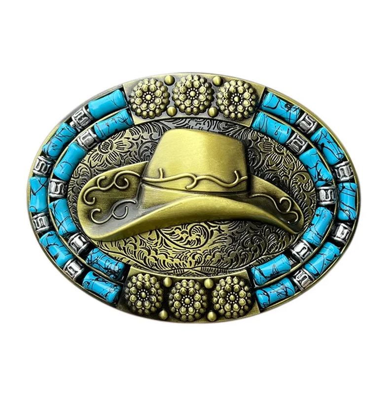 Gürtelschnalle Cowboyhut mit Türkis-Besatz für Gürtel bis 4 cm Breite