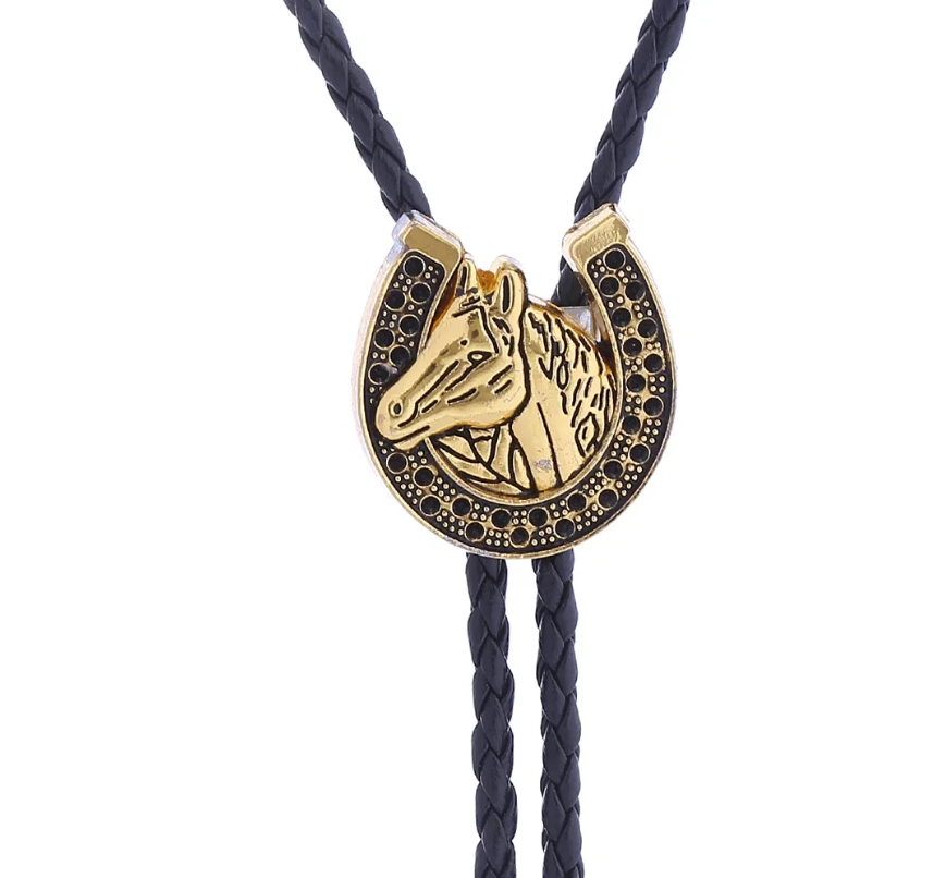 Western Bolo Tie „Golden Lucky Horse“ – Krawatte Texas Rodeo Indianer Style