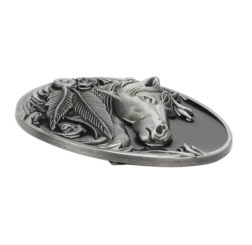 Gürtelschnalle Pferdekopf mit Feder-Symbolik für Gürtel bis 4 cm Breite