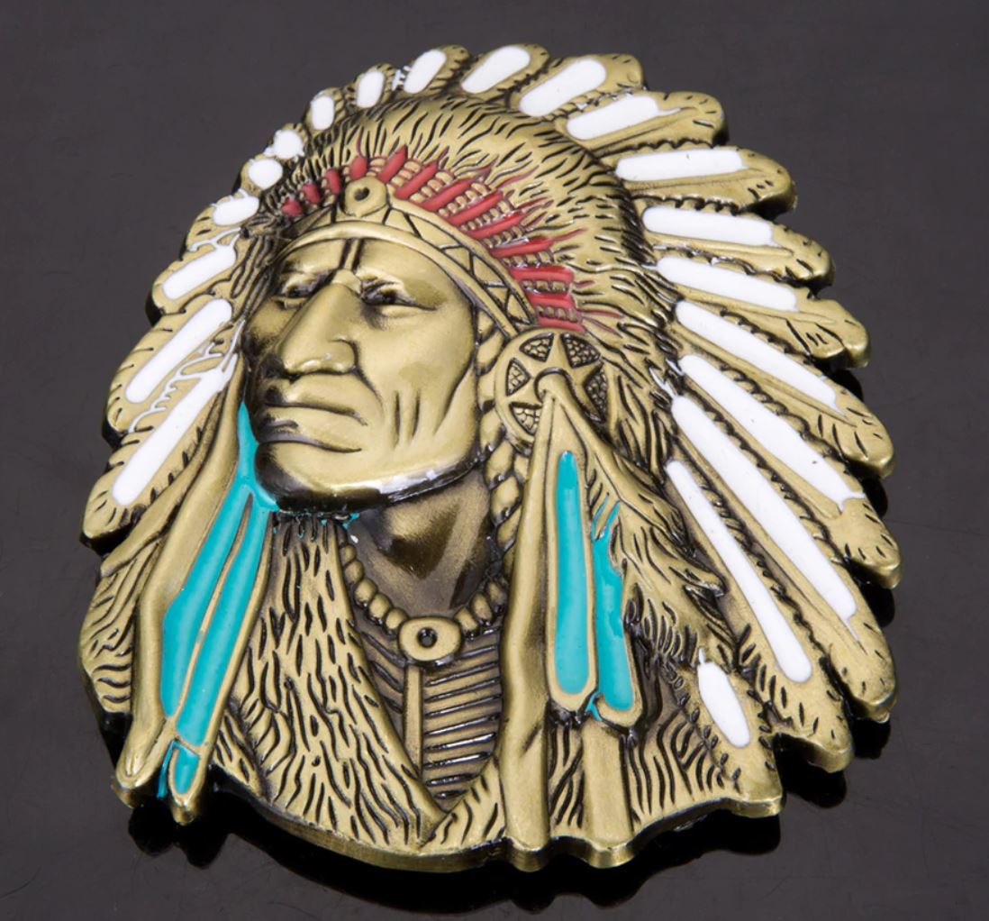 Gürtelschnalle Indianer gold/farbig für Gürtel bis 4 cm Breite