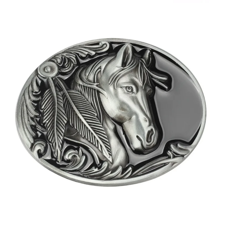 Gürtelschnalle Pferdekopf mit Feder-Symbolik für Gürtel bis 4 cm Breite
