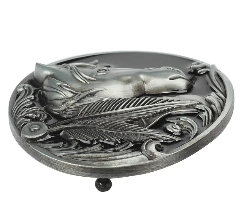 Gürtelschnalle Pferdekopf mit Feder-Symbolik für Gürtel bis 4 cm Breite