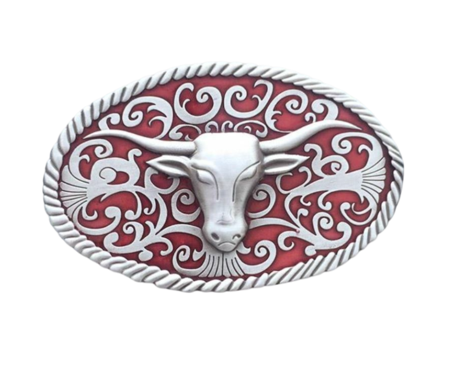 Gürtelschnalle Longhorn Büffel silber/rot für Gürtel bis 4 cm Breite