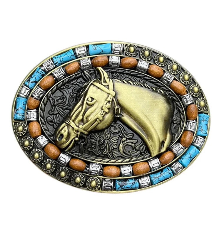Gürtelschnalle Pferdekopf mit edlem Perlenbesatz für Gürtel bis 4 cm Breite