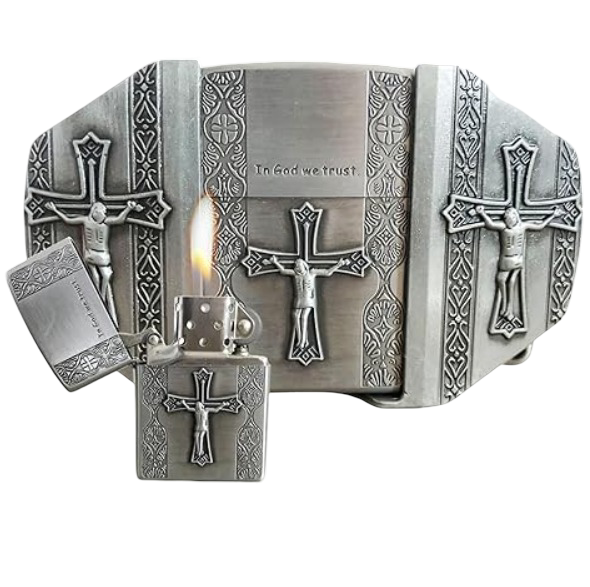 Gürtelschnalle In God we trust mit Feuerzeug Set für Gürtel bis 4 cm Breite
