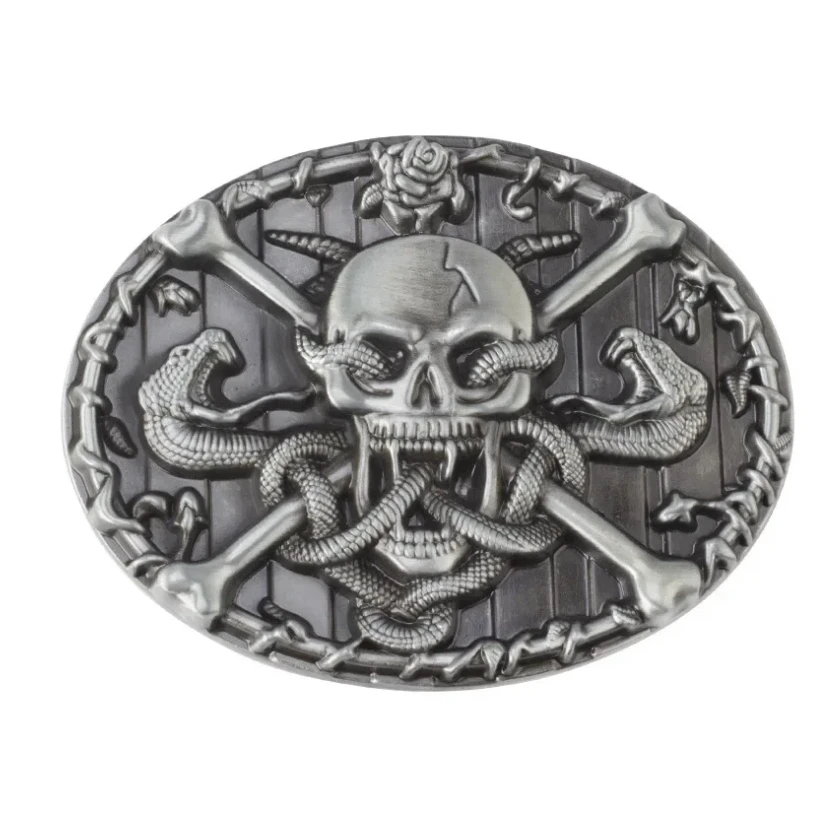 Gürtelschnalle Totenkopf mit Schlangen und Rosen-Akzent für Gürtel bis 4 cm Breite