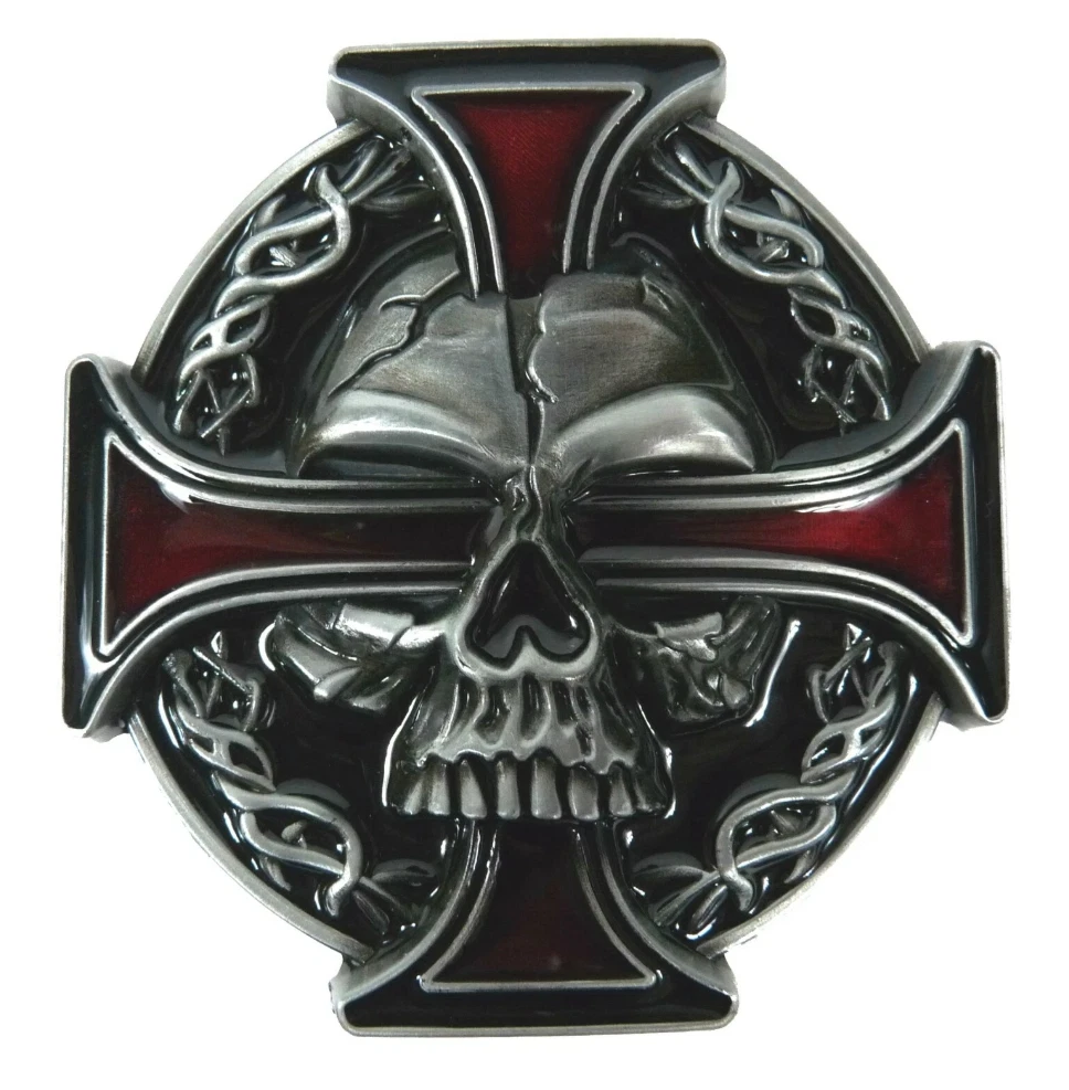 Gürtelschnalle Totenkopf mit rotem Kreuz für Gürtel bis 4 cm Breite