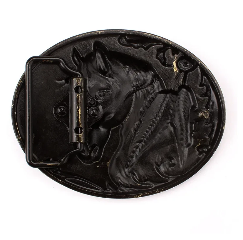Gürtelschnalle Pferdekopf mit Feder-Symbolik für Gürtel bis 4 cm Breite